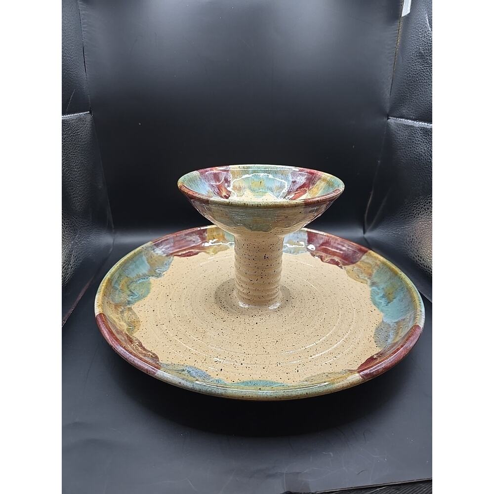 Studio Art Pottery Chip And Dip Brown Stoneware Rustic Primitive Signed‎ Sara